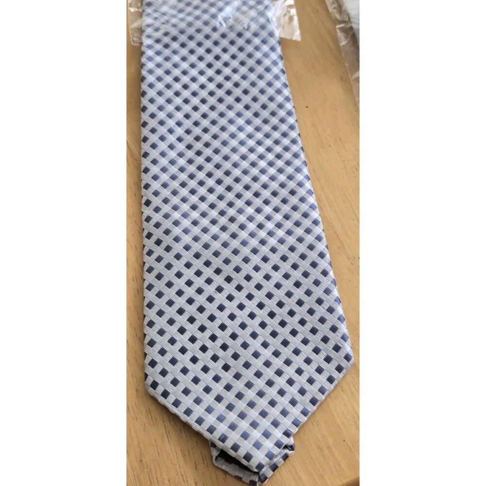 Verie God - 100% Silk - Handmade Mens Tie - Woven Check Pattern - Silver/Navy
